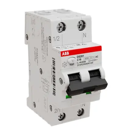 Produktfoto 1 von ABB System Pro M Compact DS201 FI/LS-Schalter (RCBO) 16A, 2-polig Typ C, Empfindlichkeit 30 mA