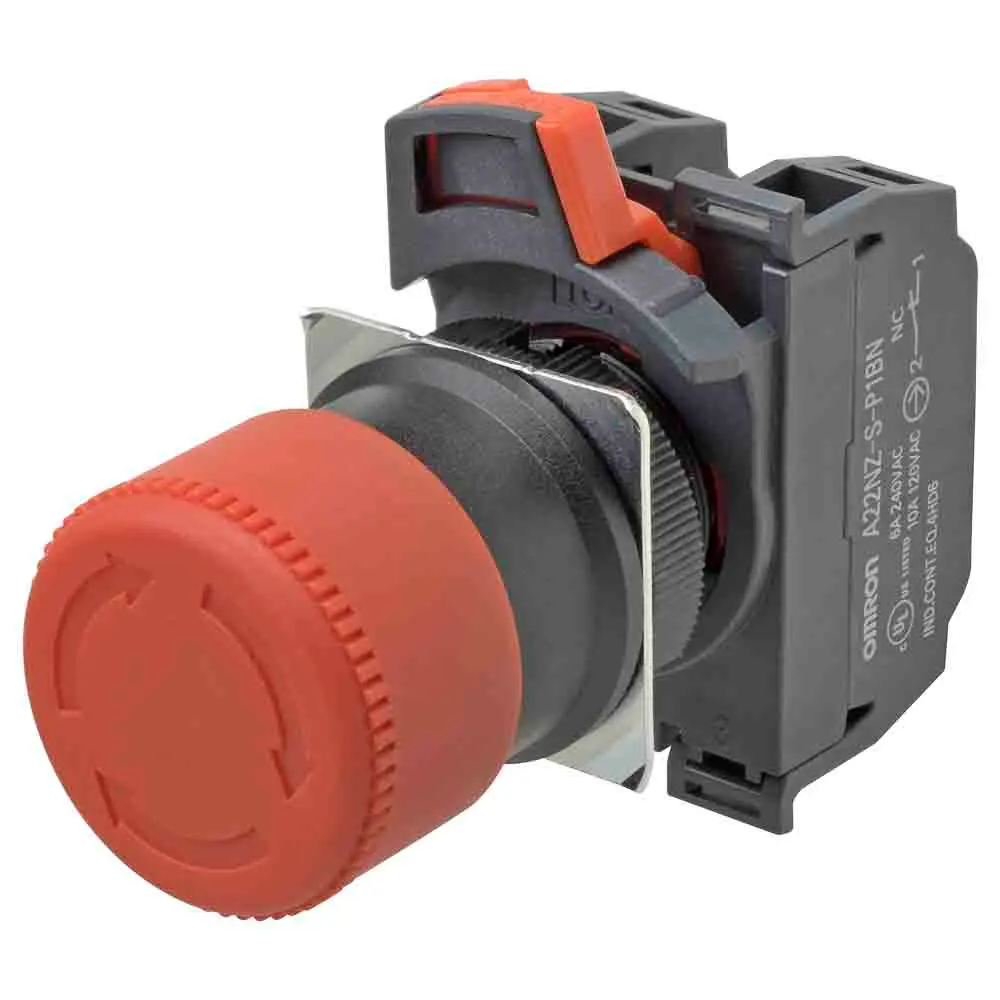 Produktfoto 1 von Omron Not-Aus-Drucktaster, Panel, Ø 22 mm, 1 Schließer/2 Öffner, Rot, Drehfreigabe