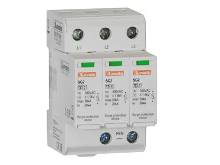 Produktfoto 1 von Lovato, Überspannungsschutz, 3-phasig, 1.5 kV 50 kA DIN-Hutschiene SG2 SG23