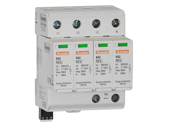 Produktfoto 1 von Lovato, Überspannungsschutz, 4-phasig, 1.5 kV 50 kA DIN-Hutschiene SG2 SG24