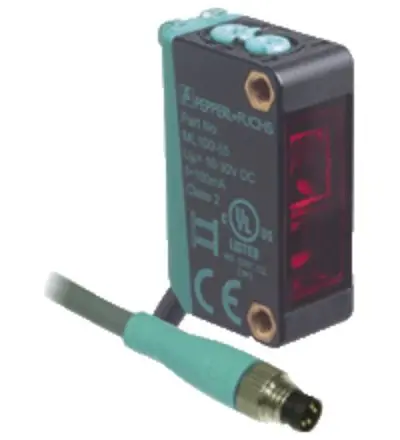 Produktfoto 1 von Pepperl + Fuchs ML100 Kubisch Optischer Sensor, Hintergrundunterdrückung, Bereich 350 mm, PNP Ausgang, Anschlusskabel