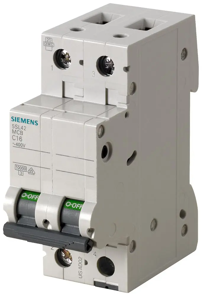 Produktfoto 1 von Siemens 5SL4 Miniaturüberlastschalter Typ C, Pol 2-polig 6 A 400 V ac, Abschaltvermögen 10 kA SENTRON 72 V dc