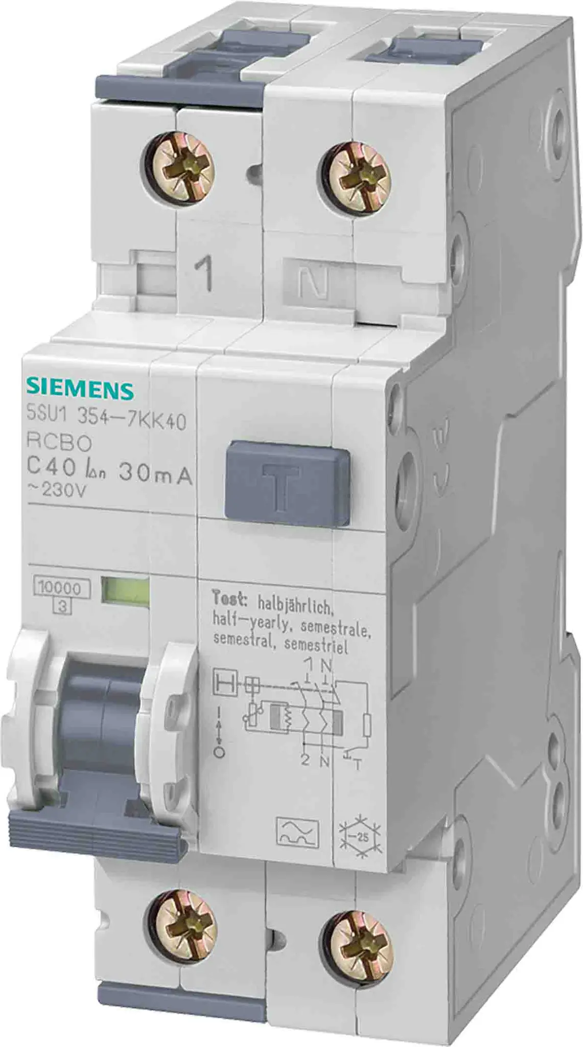 Produktfoto 1 von Siemens SENTRON 5SU1 FI/LS-Schalter (RCBO) 16 A, 2-polig Klasse C, Empfindlichkeit 30 mA
