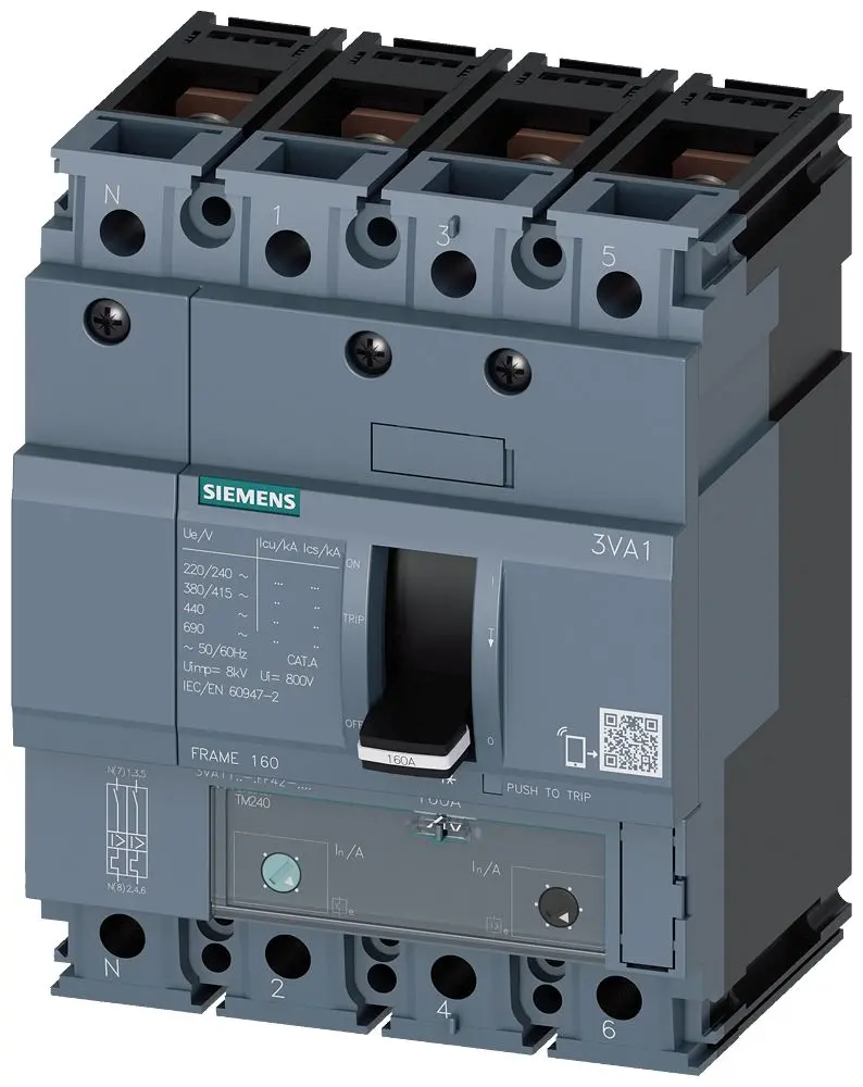 Produktfoto 1 von Siemens 3VA1 Miniaturüberlastschalter, Pol 4-polig 25 A 415 V ac, Abschaltvermögen 55 kA SENTRON 250 V dc