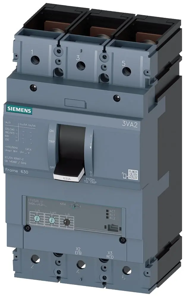 Produktfoto 1 von Siemens 3VA2 Schutzschalter, Pol 3-polig 630 A 690 V ac, Abschaltvermögen 55 kA SENTRON