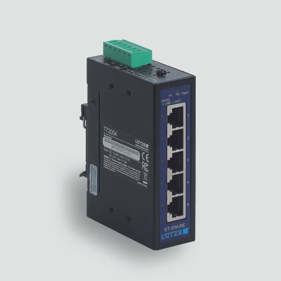 Produktfoto 1 von F Lutze Ltd Industrial-Ethernet-Switch, 5 x RJ45 / 10/100Mbit/s, bis 100m für DIN-Schienen, 12 → 48V dc