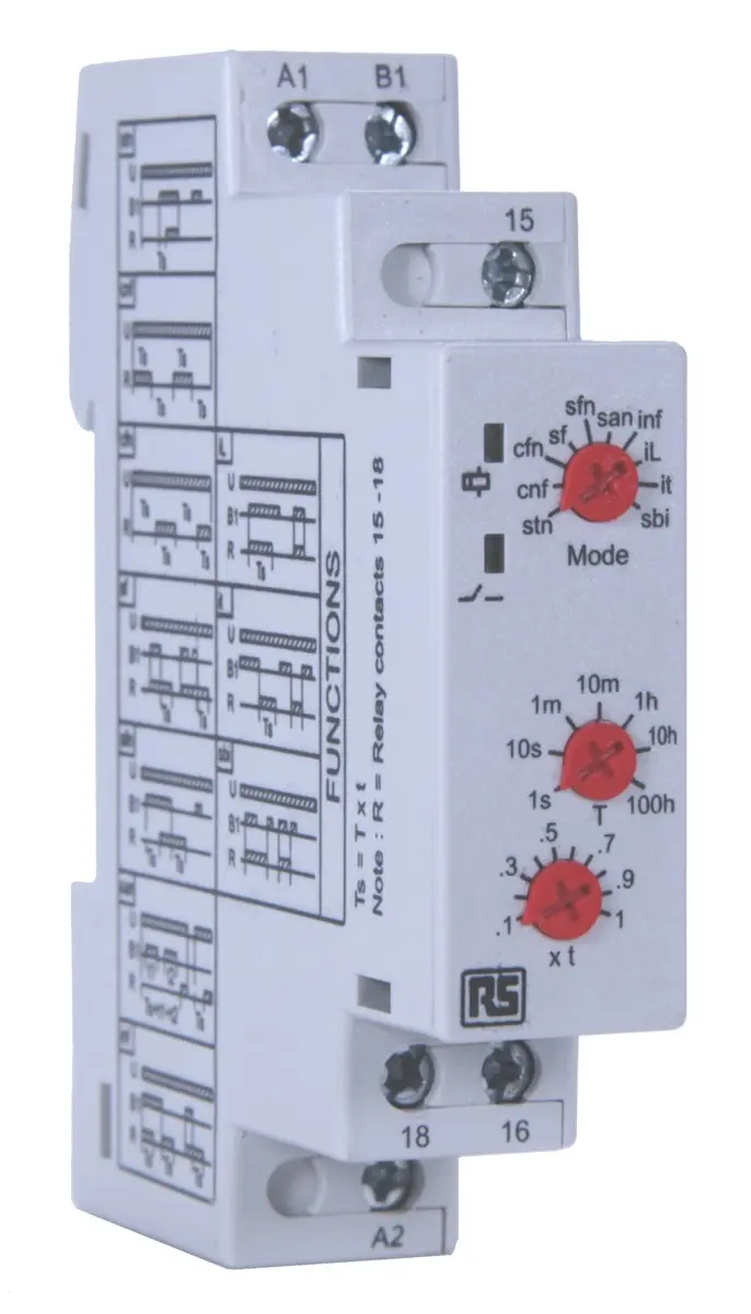 Produktfoto 1 von RS PRO Zeitrelais, DIN-Schienen, 0.1s to 100h, 12 → 240V ac, 1 Kont. Multifunktion, 1-poliger Wechsler