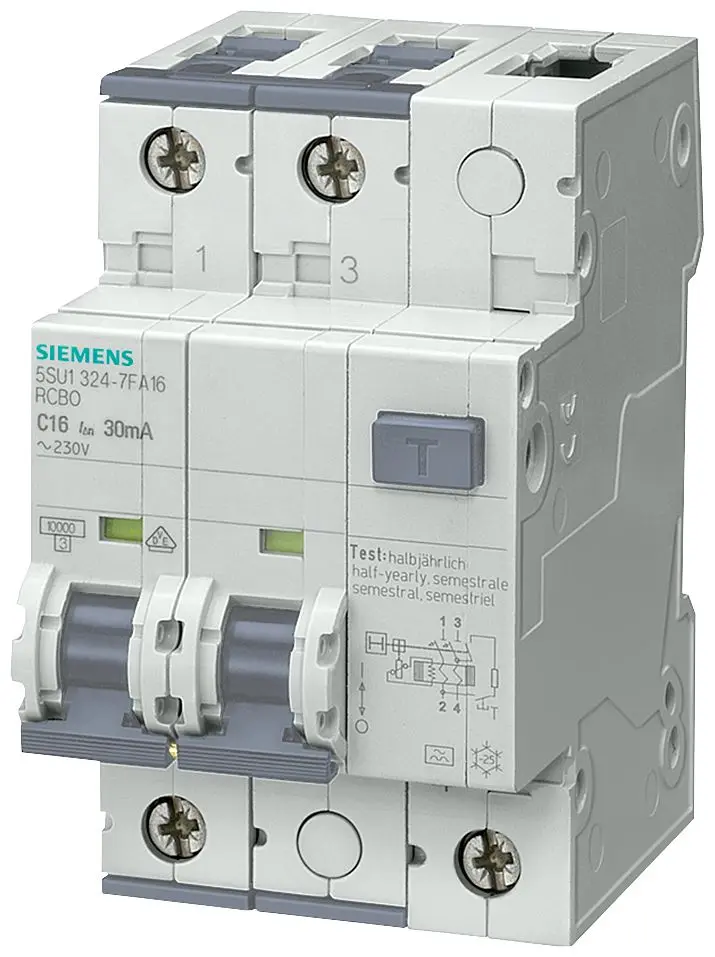 Produktfoto 1 von Siemens SENTRON 5SU1 FI/LS-Schalter (RCBO) 16 A, 2-polig Typ C, Empfindlichkeit 30 mA