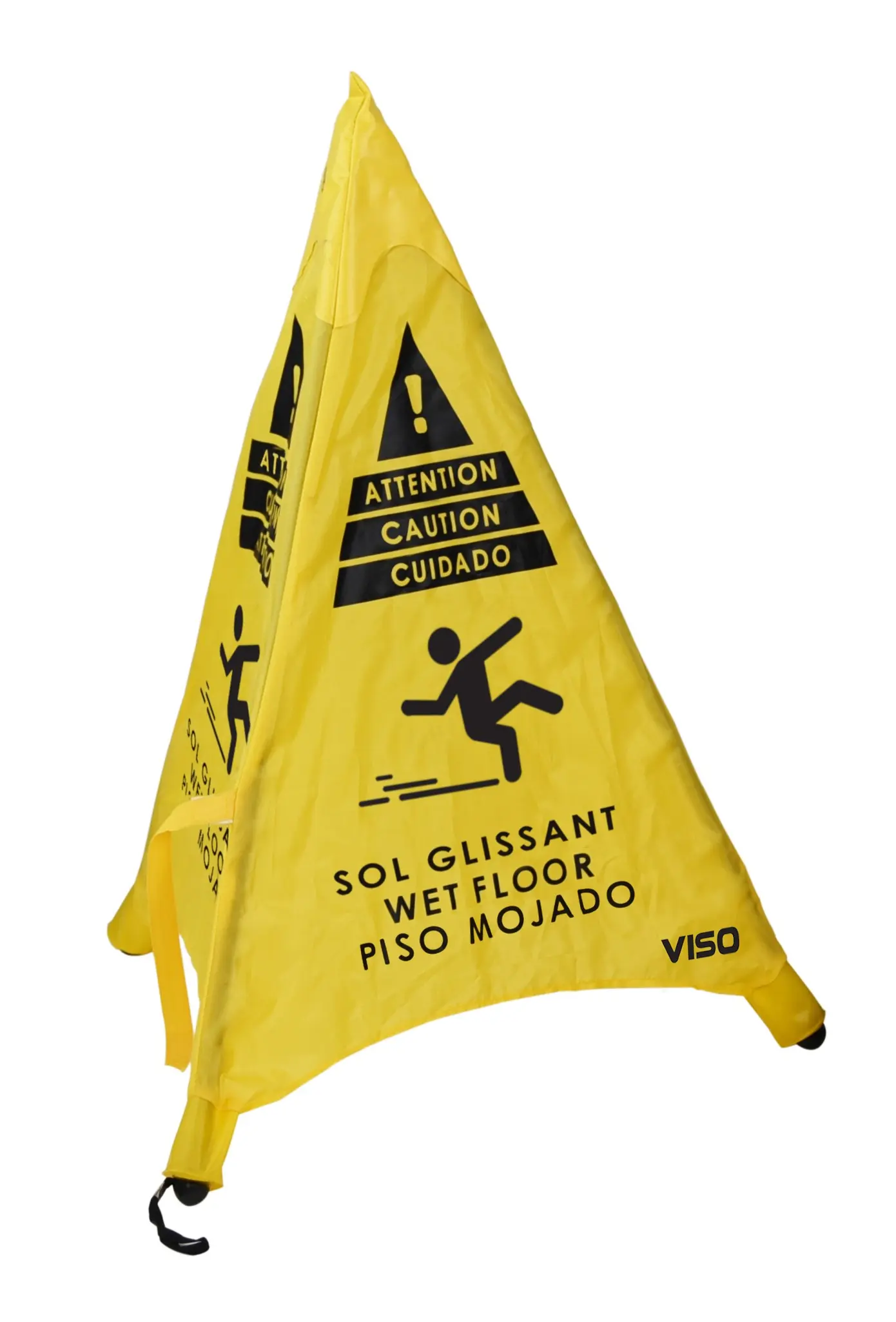 Produktfoto 1 von RS PRO Gefahren-Warnschild, Polyester Spanisch, Französisch, Englisch 'CAUTION - WET FLOOR, ATTENTION - SOL GLISSANT,