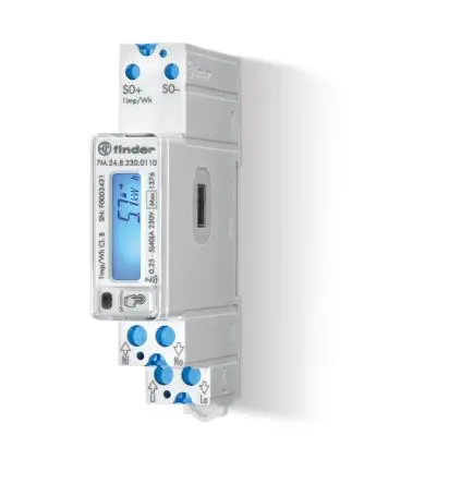 Produktfoto 1 von Finder 7M Energiemessgerät LCD 95.4 mm x 17.5 mm Energiemessgerät, 7-stellig / 1-phasig 2 Ausg. Impulsausgang