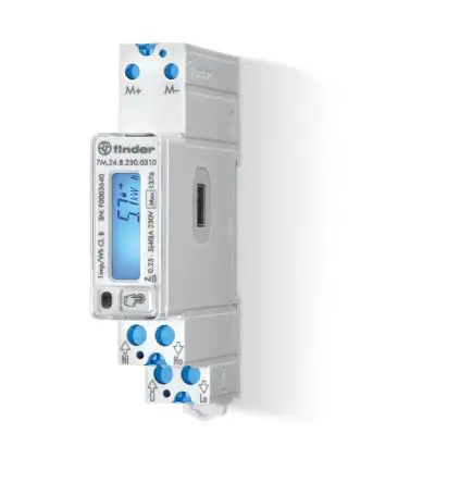 Produktfoto 1 von Finder 7M Energiemessgerät LCD 95.4 mm x 17.5 mm Energiemessgerät, 7-stellig / 1-phasig 2 Ausg. Impulsausgang