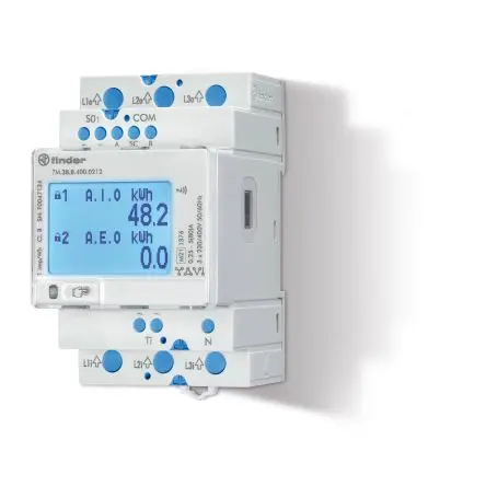 Produktfoto 1 von Finder 7M Energiemessgerät LCD 95.4 mm x 52.5 mm Energiemessgerät, 7-stellig / 3-phasig 2 Ausg. Impulsausgang