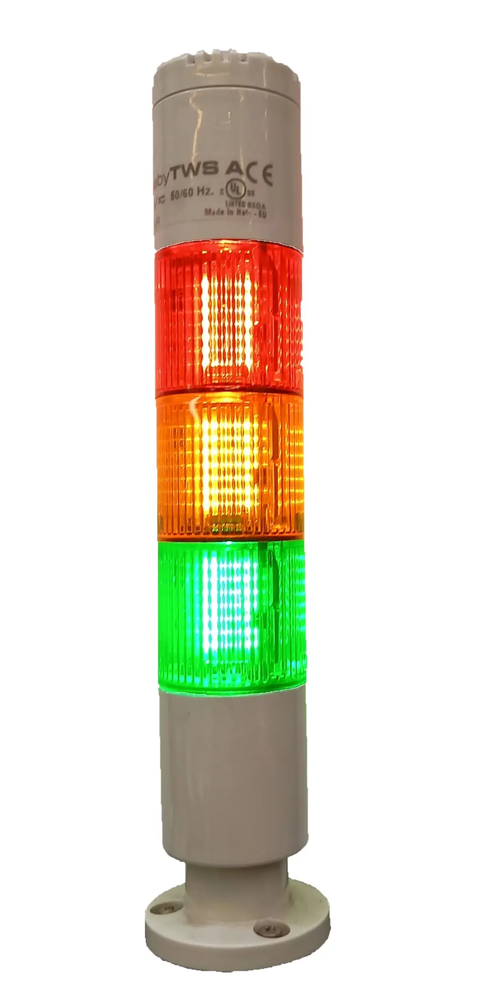 Produktfoto 1 von RS PRO LED Signalturm 3-stufig Linse Rot/Grün/Gelb LED Orange, Grün, Rot + Summer Dauer 199mm Multifunktion