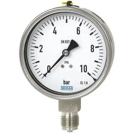 WIKA 1/2" NPT 23X.50 Manometer 100 mm 0 bar → 16 bar Edelstahl Gehäuse 1/2 in NPT
