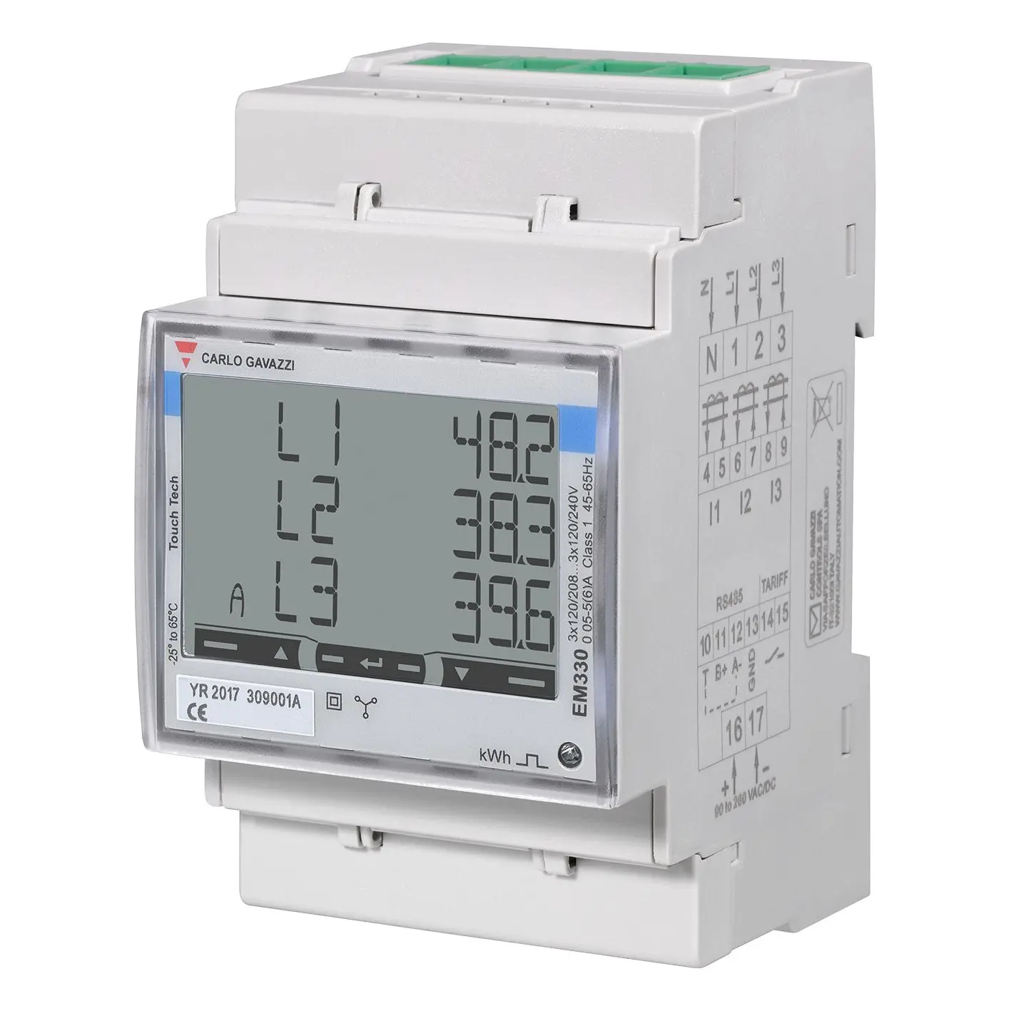 Produktfoto 1 von Carlo Gavazzi EM330 Energiemessgerät LCD 72 mm x 72 mm Digital, 8-stellig / 3-phasig 1 Eing. Impulsausgang