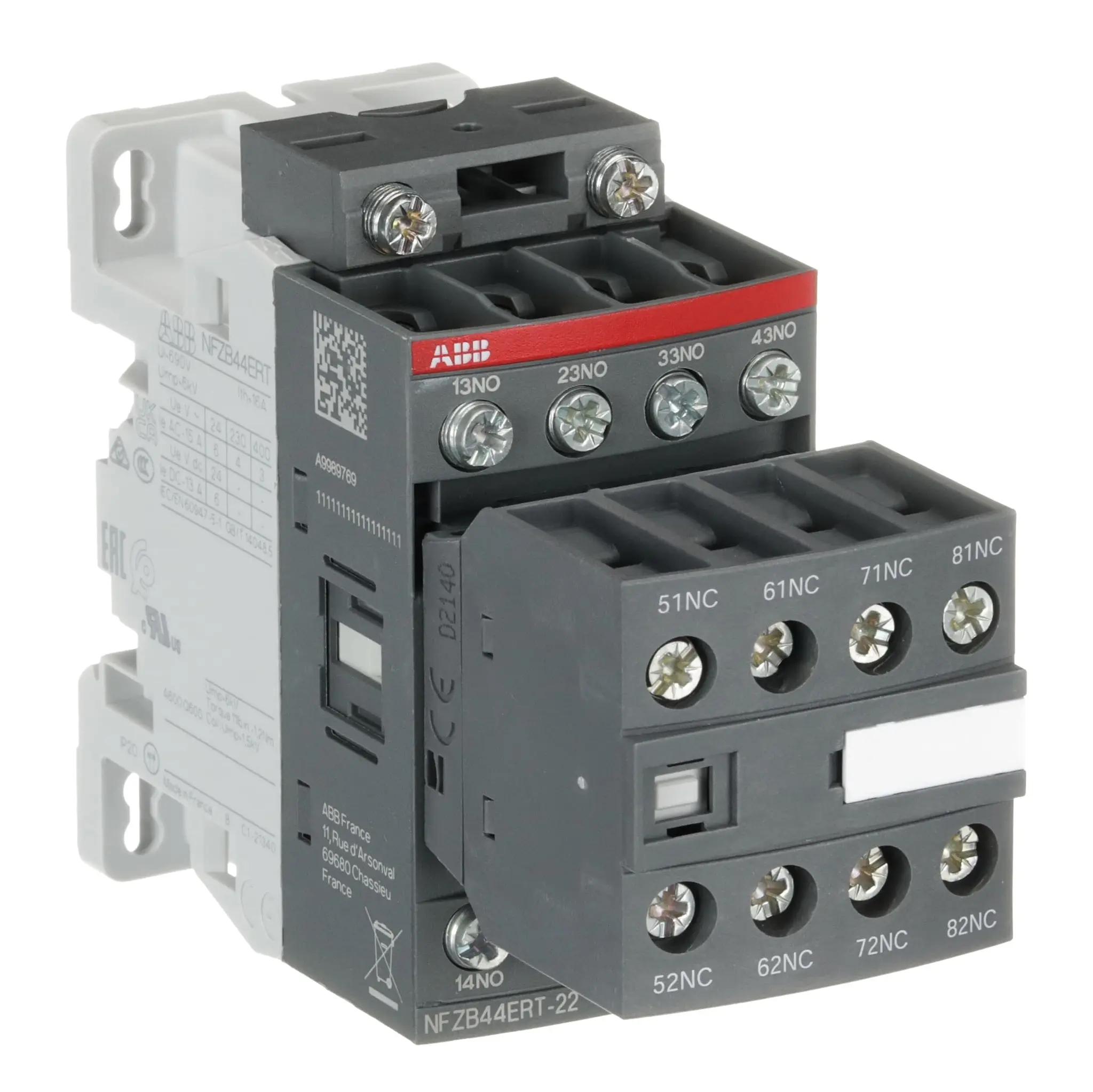 Produktfoto 1 von ABB NFZB..RT Hilfsschütz 130 V dc-Spule, 4-polig, 690V / 6 A 690 V 0.14 kW 4 Schließer, 4 Öffner 8-Hilfskontakte