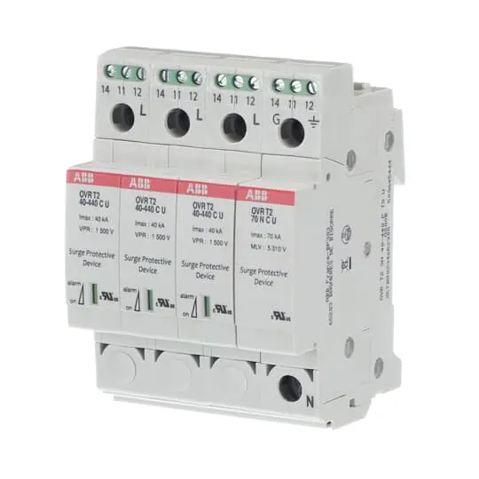 Produktfoto 1 von ABB, Industrie-Überspannungsableiter, 4-phasig, 1.5 kV 100 kA DIN-Hutschiene SPD OVR Class II SPD OVR Class II