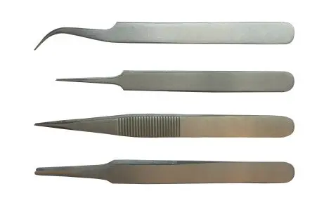 Produktfoto 1 von RS PRO Austenitstahl Pinzettensatz, 110 mm, Spitze Gebogen, Abgerundet, Extrafein, Fein Antimagnetisch 4-teilig