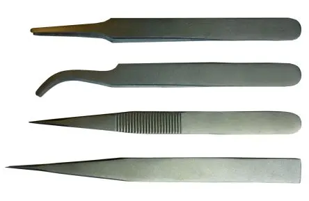 Produktfoto 1 von RS PRO Austenitstahl Pinzettensatz, 130mm, Spitze Fein, Flach, Gebogen, Abgerundet Antimagnetisch 4-teilig