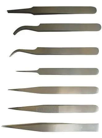 Produktfoto 1 von RS PRO Austenitstahl Pinzettensatz, 130mm, Spitze Gebogen, Fein, Abgerundet, Flach Antimagnetisch 7-teilig