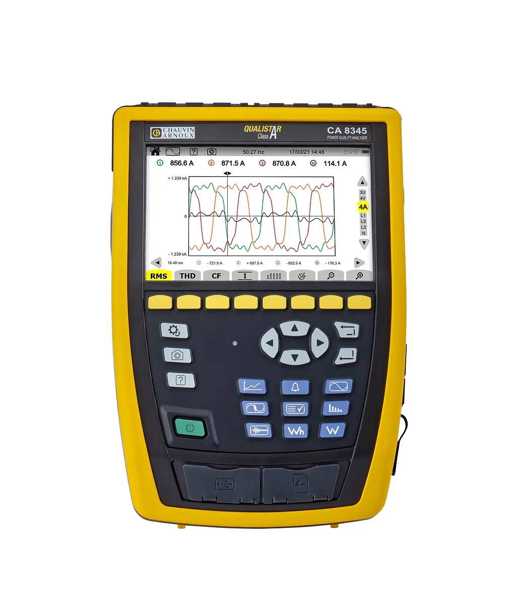 Produktfoto 1 von Chauvin Arnoux CA8345, 1-/3-Phasen Netzqualitätsanalysator 10 MW, 10 MVAR, 10 MVAmW, 1000 V ac, 1200V dc / 100 A ac,