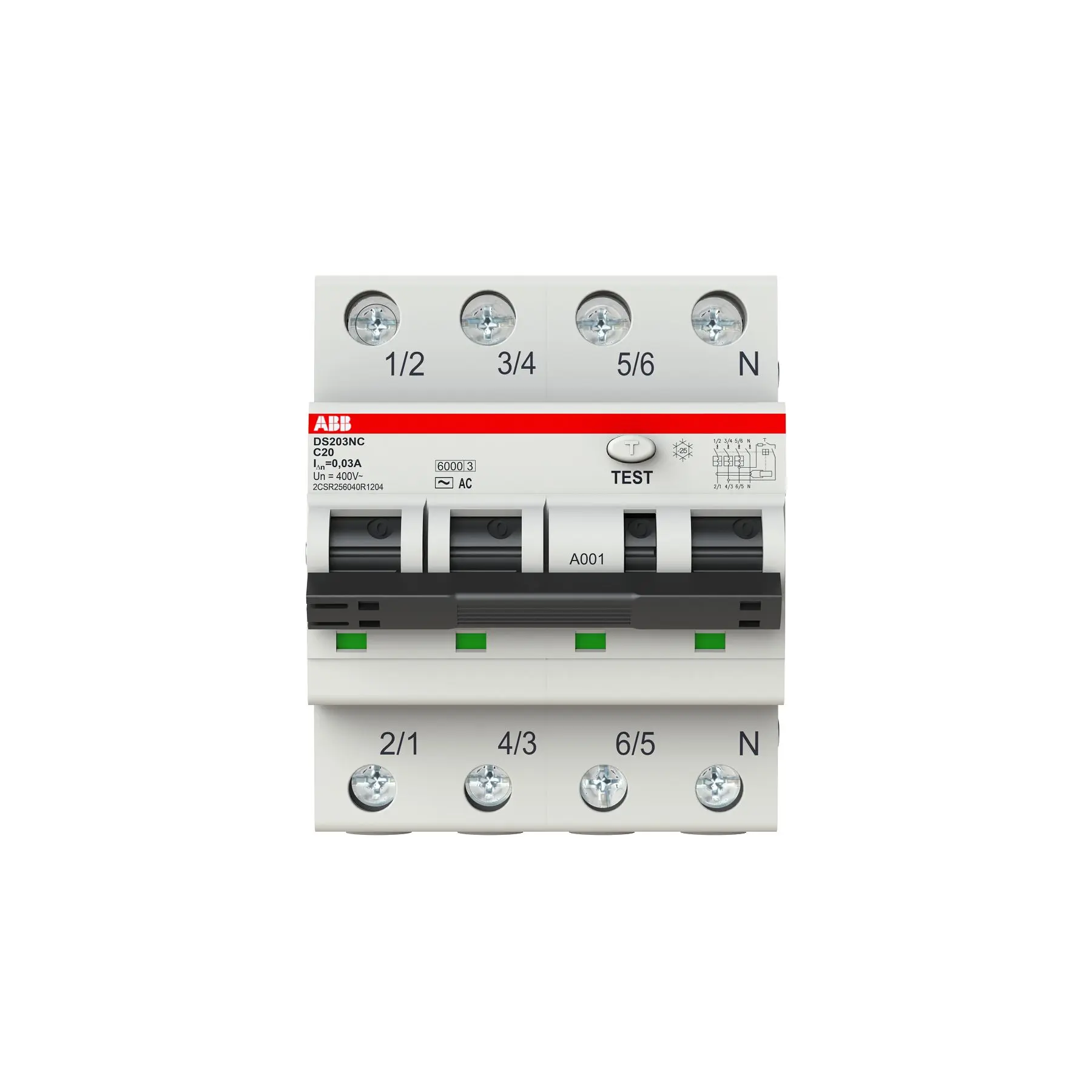 Produktfoto 1 von ABB RCBO DS203NC DS203NC FI/LS-Schalter (RCBO) 20 A, 4-polig Typ C, Empfindlichkeit 30 mA