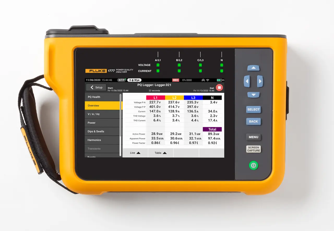 Produktfoto 1 von Fluke 1777/BASIC, 3-Phasen Netzqualitätsanalysator 1500mW, 1000V dc / 6000A, DKD/DAkkS-kalibriert