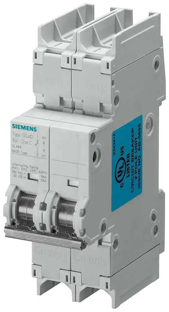 Produktfoto 1 von Siemens 5SJ Miniaturüberlastschalter Klasse C, Pol 2-polig 2 A 400 V ac, Abschaltvermögen 14 kA SENTRON