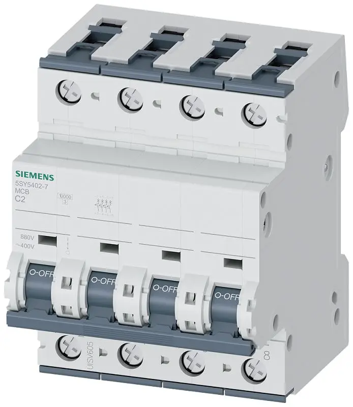 Produktfoto 1 von Siemens 5SY Miniaturüberlastschalter Typ C, Pol 4-polig 2 A 400 V ac, Abschaltvermögen 10 kA SENTRON