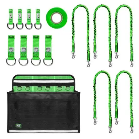 Produktfoto 1 von Never Let Go, Inhalt: (4) NLG Kleine D-Ring-Werkzeugbinder, (1) NLG MEWP-Tasche (101423), (1) NLG-Schnürband (101355),