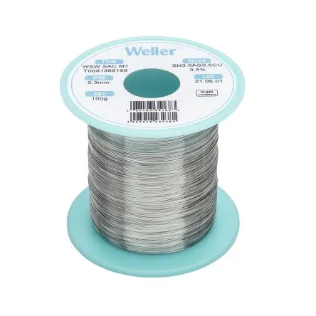 Produktfoto 1 von Weller Draht Lötzinn bleifrei 96.5 %Sn 0 %Pb 0.5 %Cu 3 %Ag, 221 °C, Ø 0.3 mm / 100 g