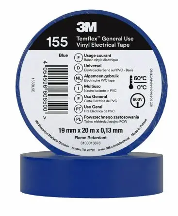 Produktfoto 1 von 3M Temflex 155 Polyvinylchlorid Isolierband Blau,  Stärke  0.13 mm x 19mm x 20 m, 60 °C bis 60 °C
