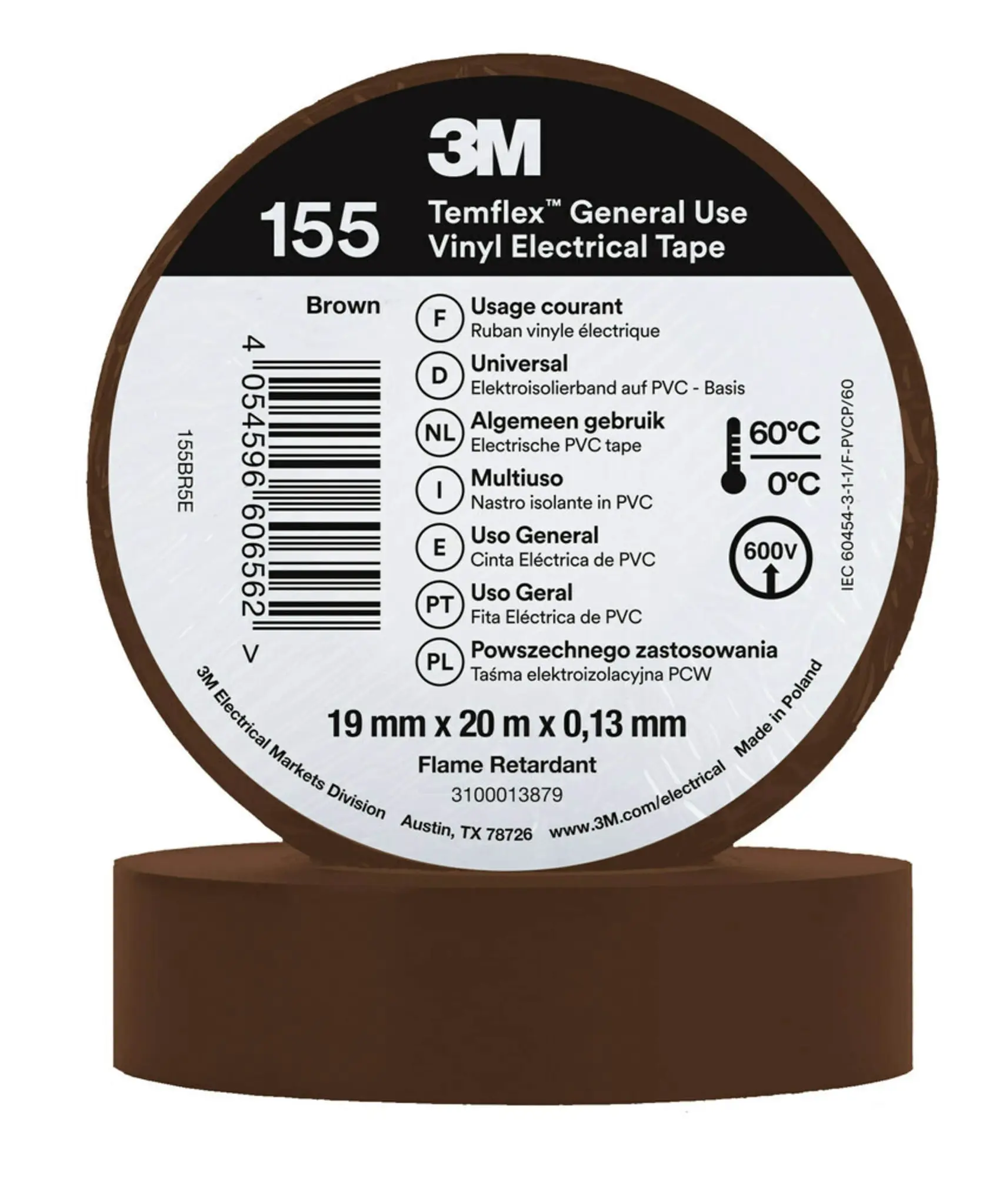Produktfoto 1 von 3M Temflex Vinyl Isolierband Braun,  Stärke  0.13 mm x 19 mm x 20 m bis 60 °C