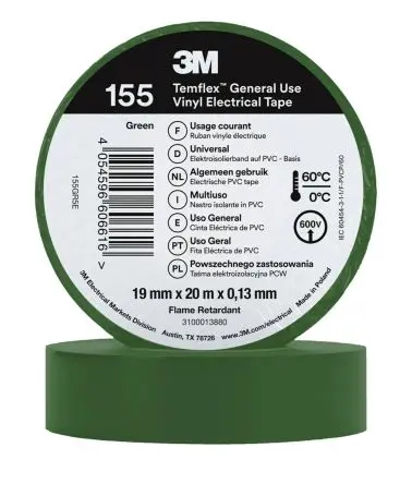Produktfoto 1 von 3M Temflex 155 Vinyl Isolierband Grün,  Stärke  0.13 mm x 19mm x 20 m, 60 °C bis 60 °C