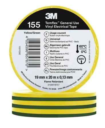 Produktfoto 1 von 3M Temflex 155 Vinyl Isolierband Gelb, Grün,  Stärke  0.13 mm x 19mm x 20 m, 60 °C bis 60 °C