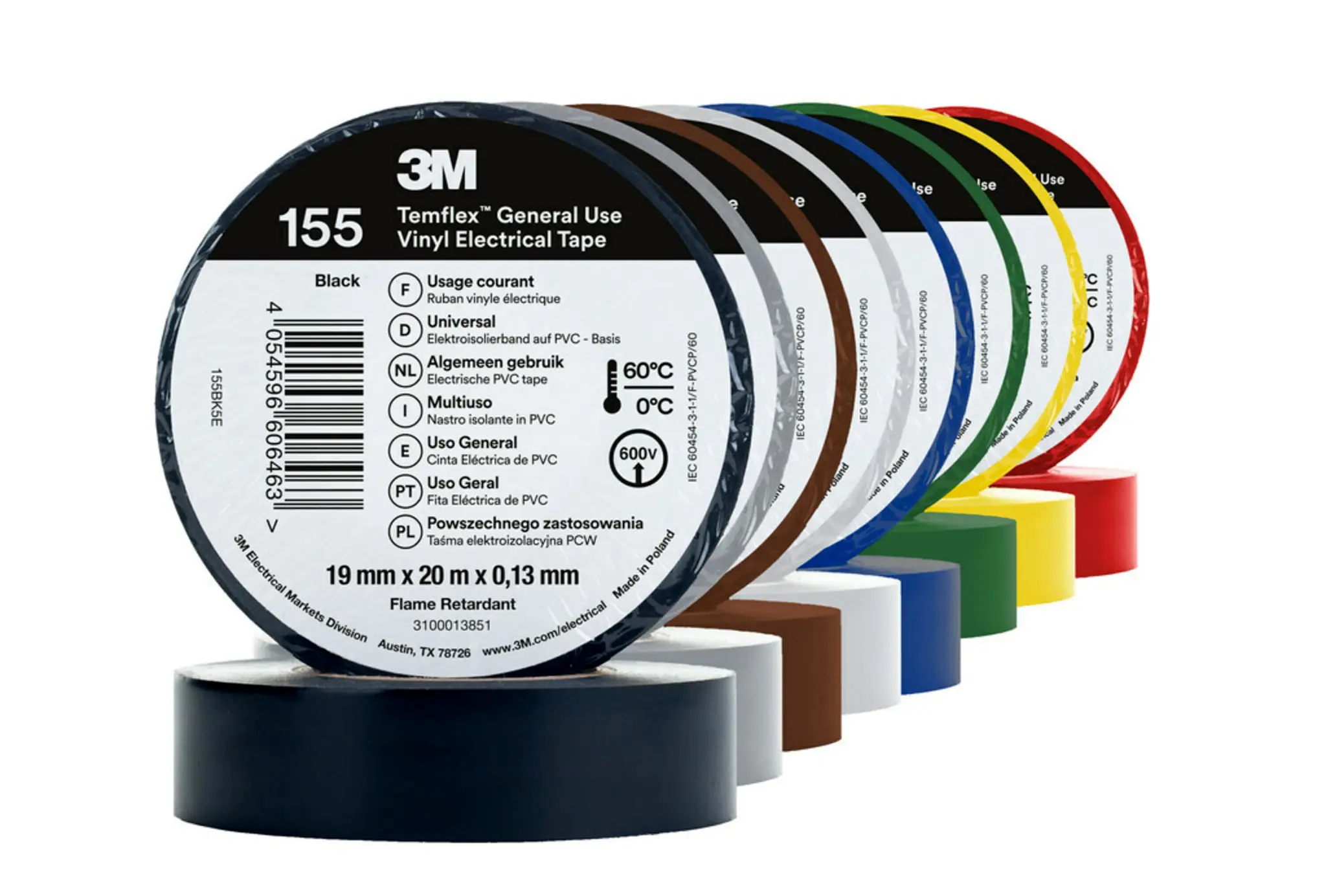 Produktfoto 1 von 3M Temflex 155 Vinyl Isolierband Rot, Grün, Orange, Grau, Weiß, Braun, Gelb, Blau, Schwarz,  Stärke  0.13 mm x 19 mm x