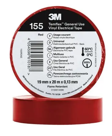 Produktfoto 1 von 3M Temflex 155 Vinyl Isolierband Rot,  Stärke  0.13 mm x 19mm x 20 m, 60 °C bis 60 °C