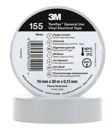 Produktfoto 1 von 3M Temflex 155 Vinyl Isolierband Weiß,  Stärke  0.13 mm x 19mm x 20 m, 60 °C bis 60 °C