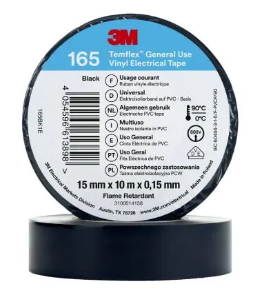 Produktfoto 1 von 3M Temflex 165 Vinyl Isolierband Schwarz,  Stärke  0.152 mm x 15mm x 10 m, 90 °C bis 90 °C