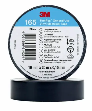 Produktfoto 1 von 3M Temflex Vinyl Isolierband Schwarz,  Stärke  0.152 mm x 19mm x 20 m, 90 °C bis 90 °C