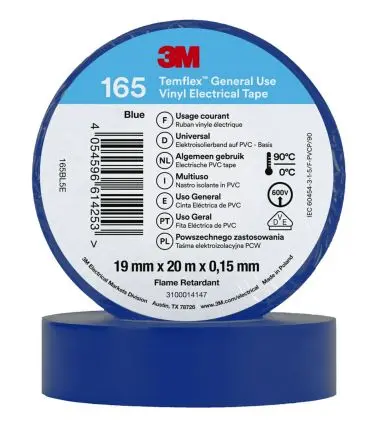 Produktfoto 1 von 3M Temflex 165 Polyvinylchlorid Isolierband Blau,  Stärke  0.152 mm x 19mm x 20 m, 90 °C bis 90 °C