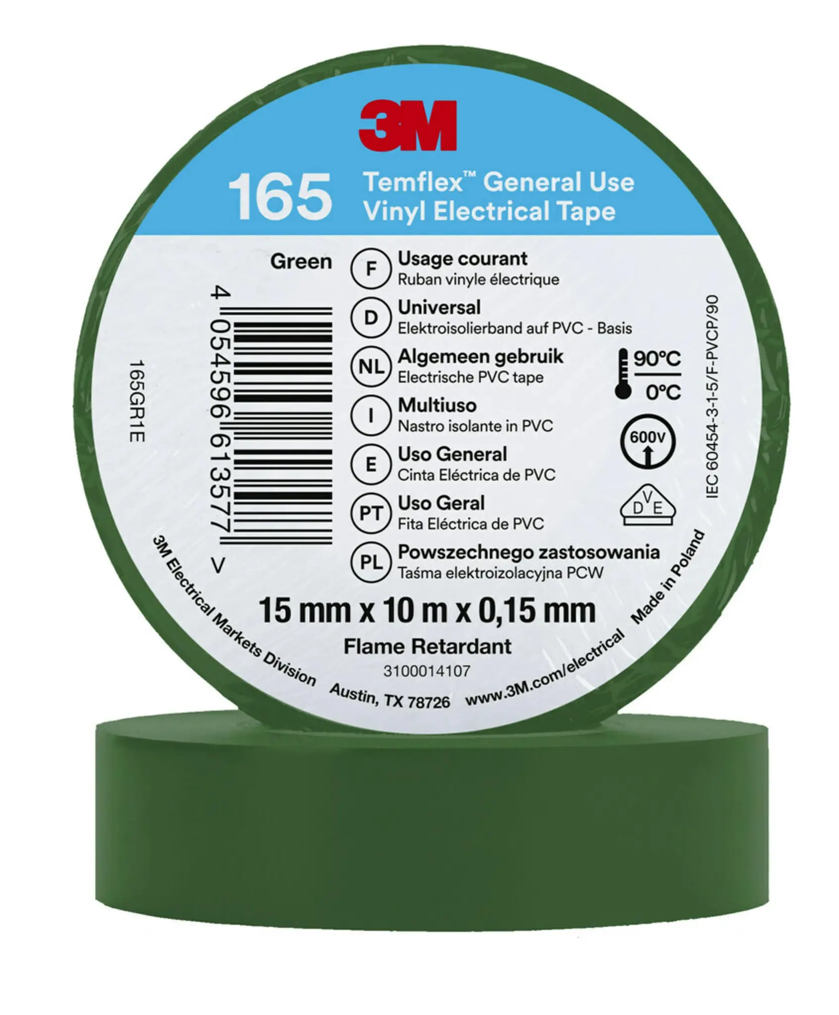 Produktfoto 1 von 3M Temflex Vinyl Isolierband Grün,  Stärke  0.152 mm x 15 mm x 10 m, 90 °C bis 90 °C
