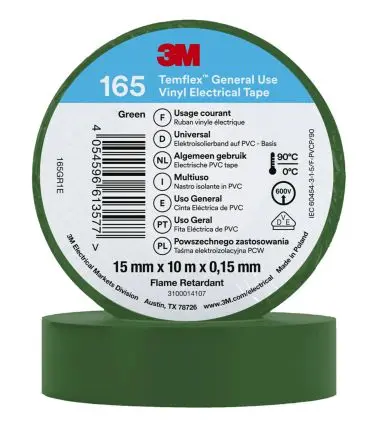 Produktfoto 1 von 3M Temflex Vinyl Isolierband Grün,  Stärke  0.152 mm x 15mm x 10 m, 90 °C bis 90 °C