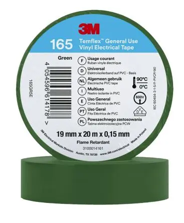 Produktfoto 1 von 3M Temflex Vinyl Isolierband Grün,  Stärke  0.152 mm x 19mm x 20 m, 90 °C bis 90 °C