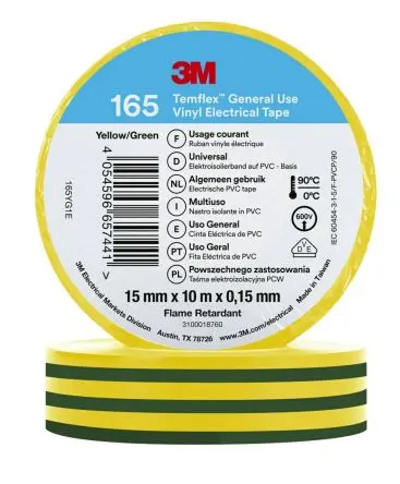 Produktfoto 1 von 3M Temflex 165 Polyvinylchlorid Isolierband Gelb, Grün,  Stärke  0.152 mm x 15mm x 10 m, 90 °C bis 90 °C