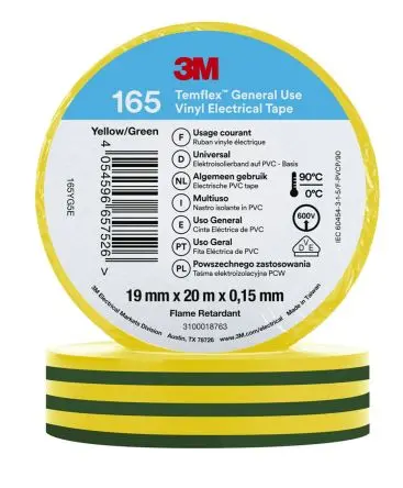 Produktfoto 1 von 3M Temflex Vinyl Isolierband Grün, Gelb,  Stärke  0.152 mm x 19mm x 20 m, 90 °C bis 90 °C