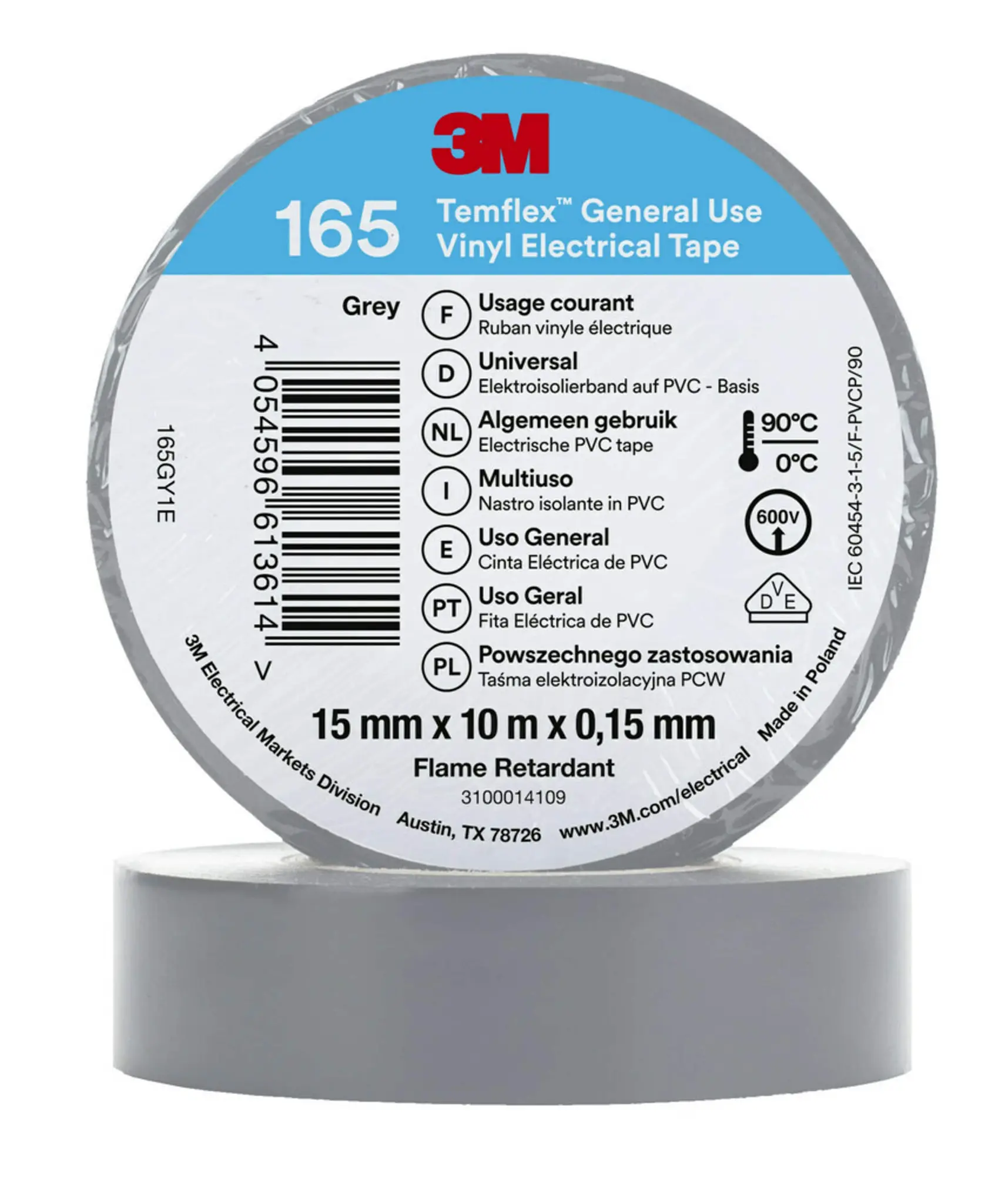Produktfoto 1 von 3M Temflex Vinyl Isolierband Grau,  Stärke  0.152 mm x 15 mm x 10 m, 90 °C bis 90 °C