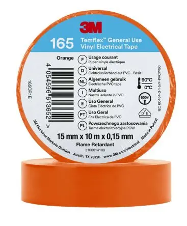 Produktfoto 1 von 3M Temflex 165 Vinyl Isolierband Orange, Stärke 0.152 mm x 15mm x 10 m, 90 °C bis 90 °C
