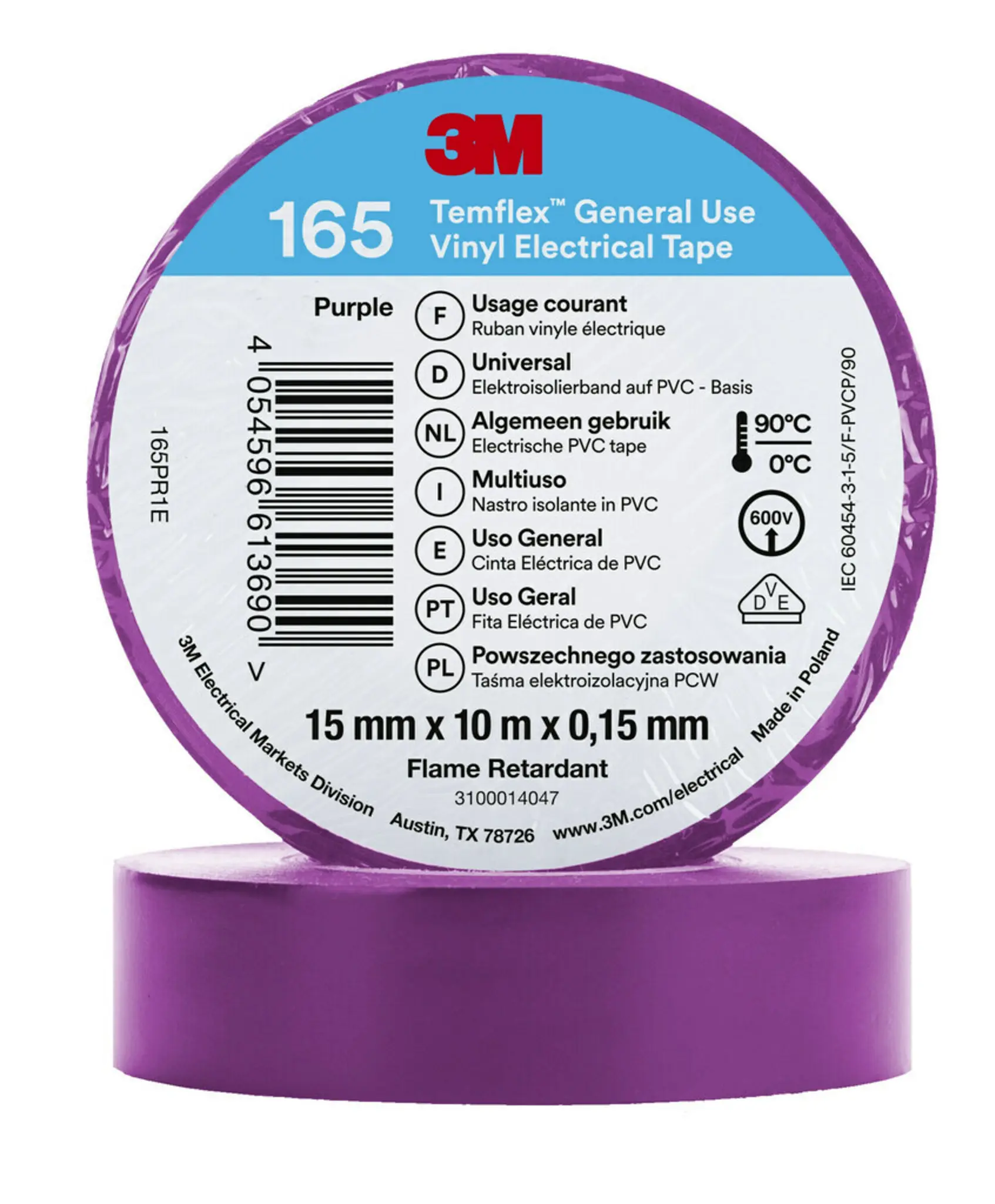 Produktfoto 1 von 3M Temflex 165 Vinyl Isolierband Violett,  Stärke  0.152 mm x 15 mm x 10 m, 90 °C bis 90 °C
