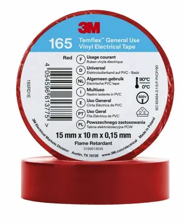 Produktfoto 1 von 3M Temflex 165 Vinyl Isolierband Rot,  Stärke  0.152 mm x 15mm x 10 m, 90 °C bis 90 °C